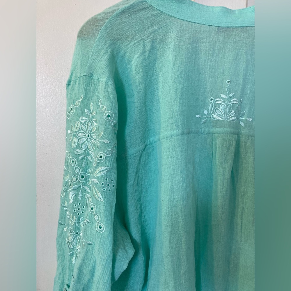 NWT soft surroundings 2X button down blouse roll tab sleeves aqua - Picture 7 of 10